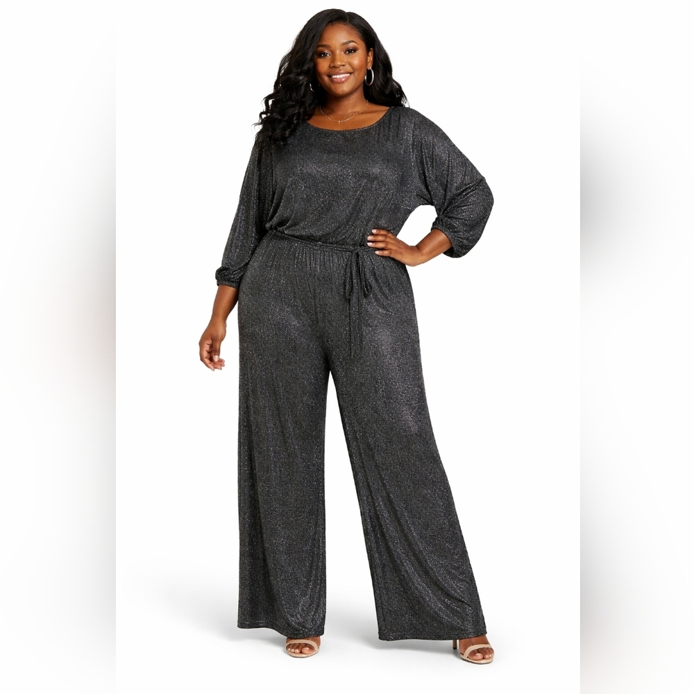 Eliza J womens Silver Metallic Stretch Waist Wide Leg Jump Suit Size 18 W